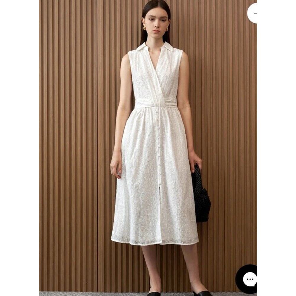 ZARA Openwork Embroidered Eyelet Midi Dress L White Sleeveless V Neck Resortwear